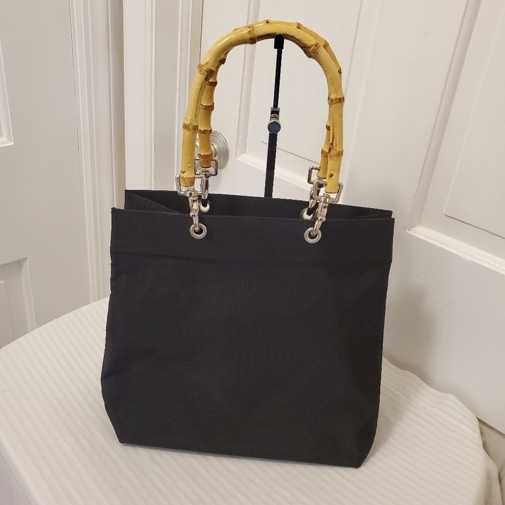 Sunny Hawaii Black Canvas Tote With Bamboo Handles, Lightweight, open top